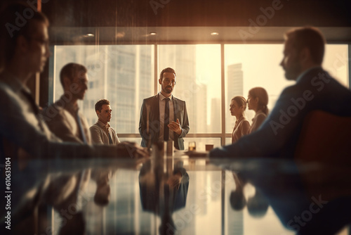 A manager leading a team meeting. Business, situations in the office, bokeh Generative AI