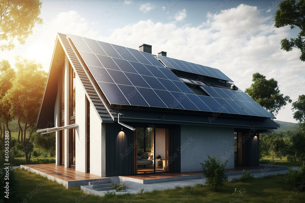 Ai generated illustration Solar panels on the roof of a beautiful modern home.