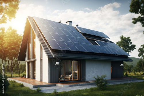 Ai generated illustration Solar panels on the roof of a beautiful modern home.