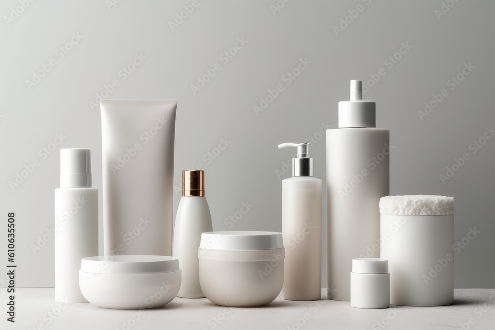 Set of blank cosmetic bottles close-up on white background. Generative AI Set of blank cosmetic bottles close-up on white background. Generative AI