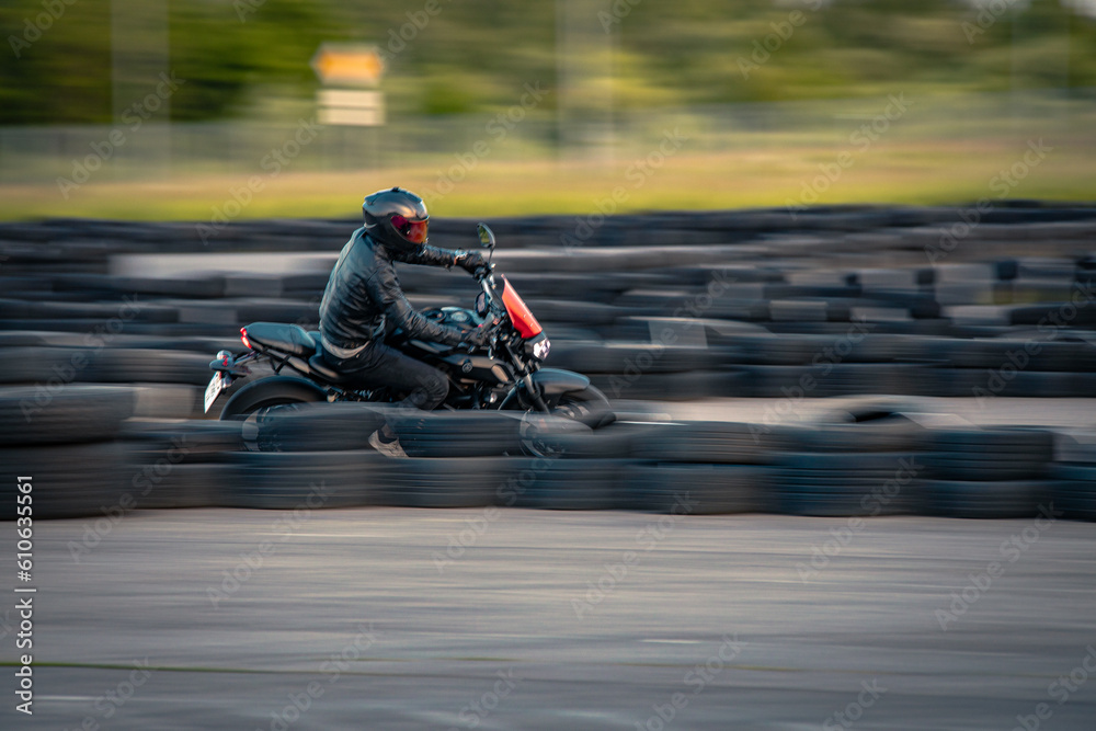 Motorcycle track training routine motorsport. Tracking shot motion blurTransportation, moto Yamaha race bikes 