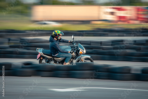 Motorcycle track training routine motorsport. Tracking shot motion blurTransportation, moto Yamaha race bikes 