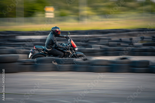 Motorcycle track training routine motorsport. Tracking shot motion blurTransportation, moto Yamaha race bikes 