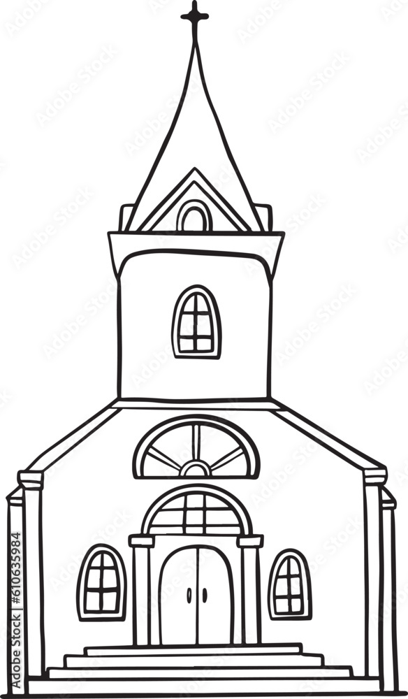 Church outline vector illustration. Hand drawn doodle of a flat cartoon cathedral. Design for a architecture concept, wedding map, religion.