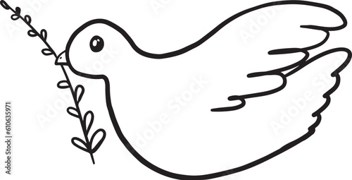 White pigeon with a herbal branch doodle vector outline illustration. Hand drawn cute cartoon white dove. Design for greeting cards, backgrounds, wedding invitations