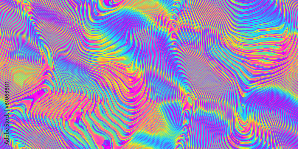 Seamless psychedelic rainbow ridged topological map pattern background texture. Trippy hippy abstract wavy swirls dopamine dressing style fashion motif. Bright colorful neon retro wallpaper backdrop.