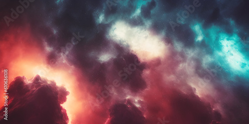 Panoramic 8k outer space background texture. Colorful celestial astronomy or astrology night sky backdrop. Gas cloud nebula and cosmic ethereal dust and stars high resolution wallpaper. Generative AI.