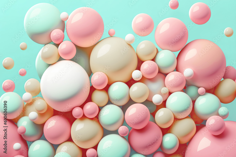 Abstract pastel colored background. Soft colors balls and bubble gums. Digital Illustration. Generative AI