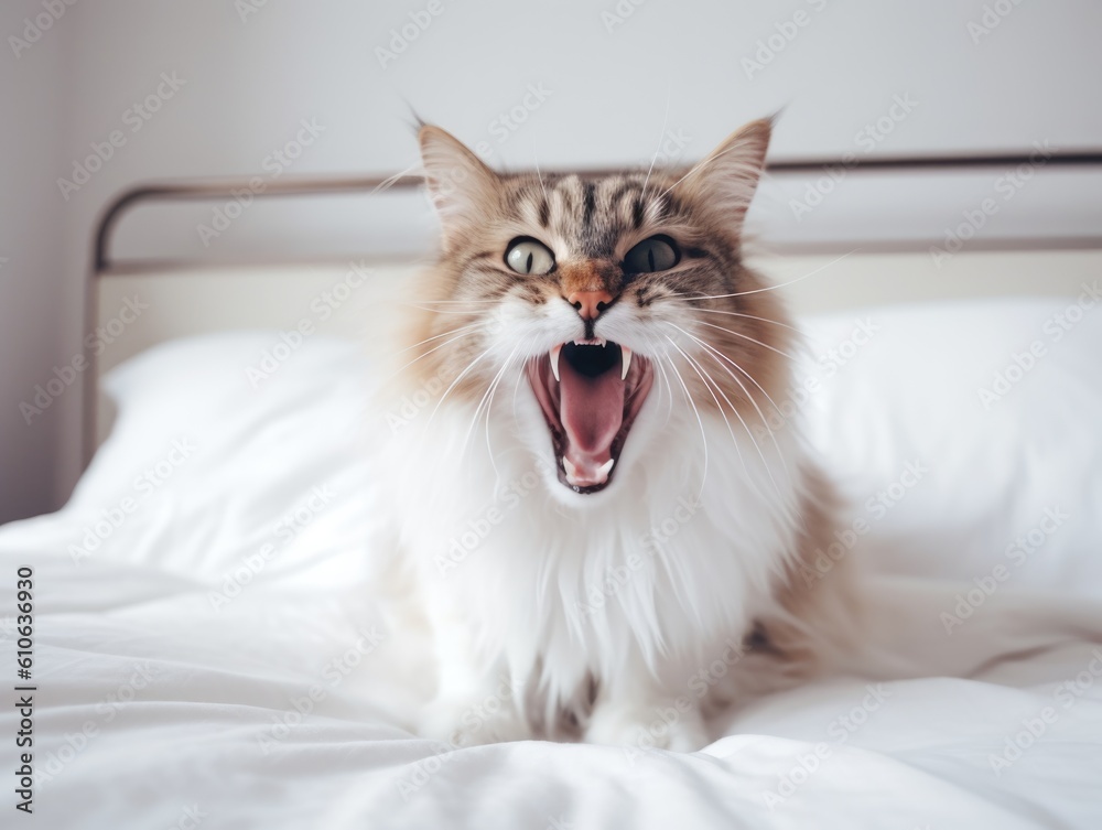 Angry fluffy cat hisses at the owner. The kitten is yawning. Maine Coon cat meows, funny pet lying in bed close-up. Animal aggression, adaptation.  Ai Generative