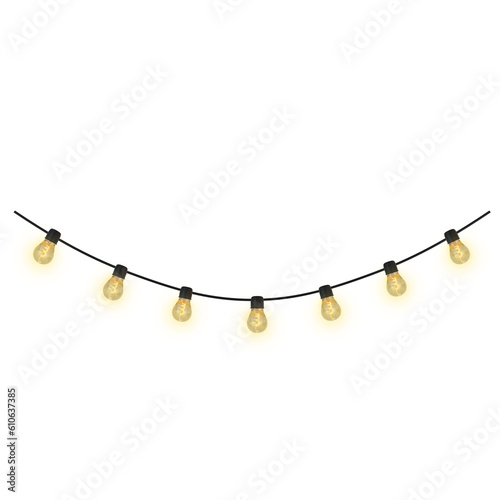 3D light bulb garlands isolated on transparent background. Christmas decor, parties, new year's eve, commemorative dates. Elegant decoration, picnic, birthday, romantic date.