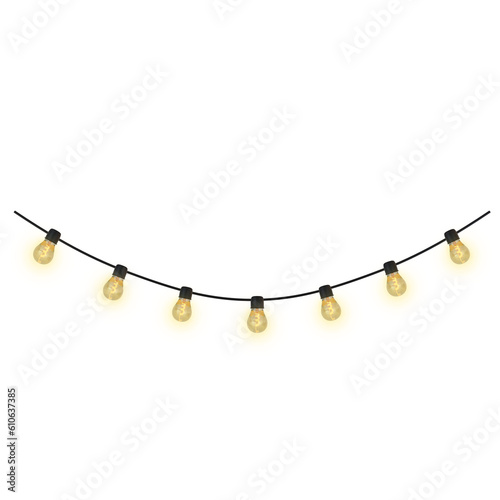 3D light bulb garlands isolated on transparent background. Christmas decor, parties, new year's eve, commemorative dates. Elegant decoration, picnic, birthday, romantic date. photo