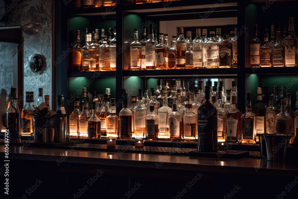 Bar interior at night. Alcohol bottles and drink glasses on wall shelves and bar bench, Generative AI
