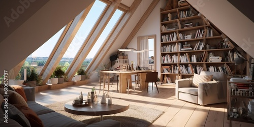 A modern attic inside is a stylish and functional living space that has been designed to make the most of the unique characteristics of an attic. Generative AI