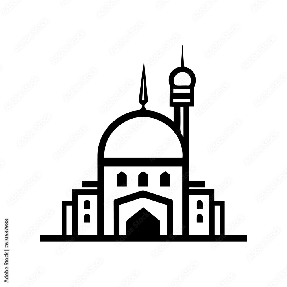 Flat style Muslim mosque silhouette logo template.Vector illustration cartoon design.Beautiful muslim temple icon illustration.islam minaret.Eid Mubarak greetings.Ramadan Kareem.