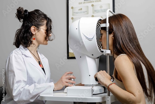 side view of a woman at the ophthalmologist for an eye examination