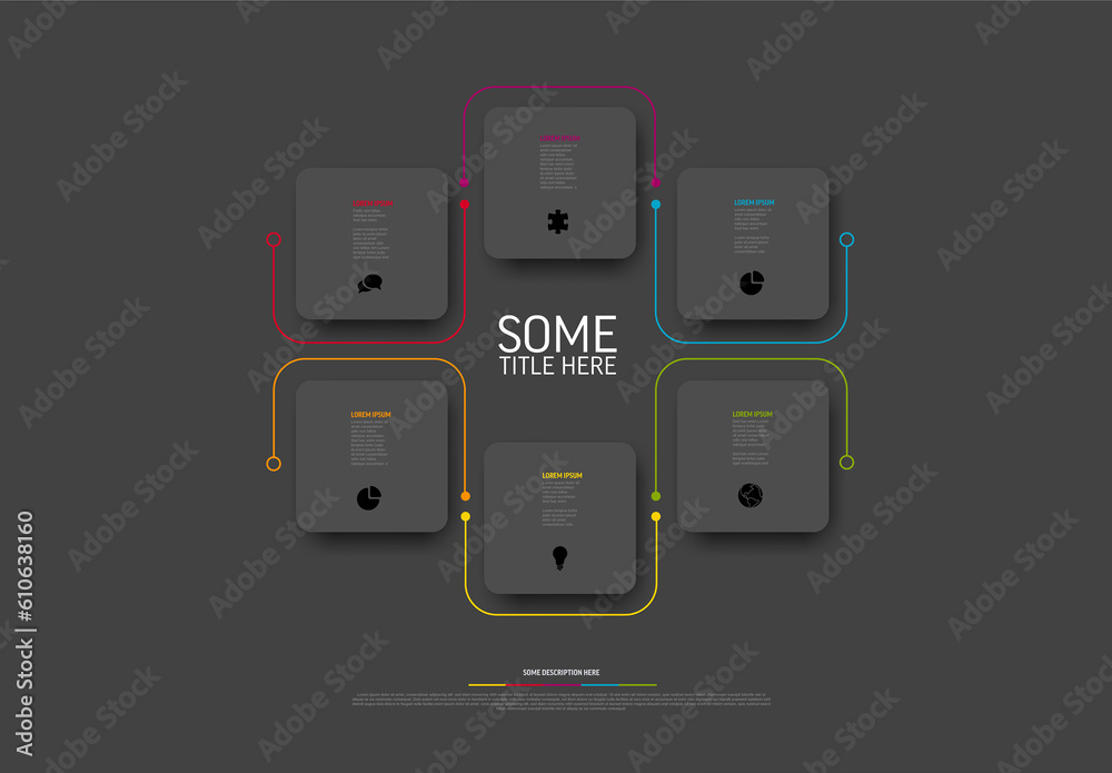 Dark infographic template with six rounded gray squares block cards ...
