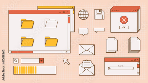 15 retro ui elements. Retro vintage old computer Interface in modern nostlagia style. Old retro PC screen in the y2k style. Retro wave and vaporwave elements. 