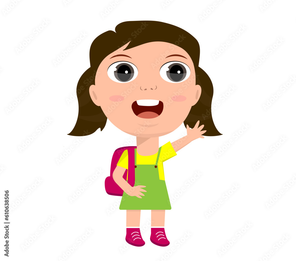 little girl boy schoolboy schoolgirl backpacker rejoices laughing greetings hello goodbye sign education primary school kindergarten concept