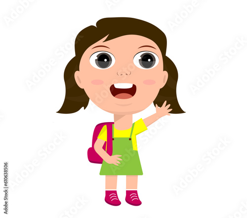 little girl boy schoolboy schoolgirl backpacker rejoices laughing greetings hello goodbye sign education primary school kindergarten concept © Ali