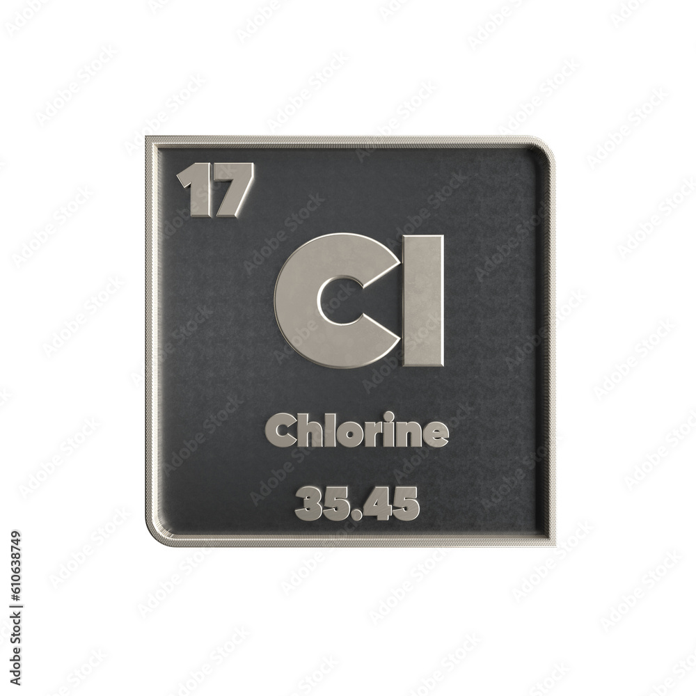 Chlorine chemical element black and metal icon with atomic mass and atomic number. 3d render illustration. Chlorine chemical element black and metal icon with atomic mass and atomic number. 3d render illustration.