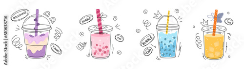 Bubble tea cup design collection, Pearl milk tea, Yummy drinks, milkshake and soft drinks with doodle style banner. Colorful flat vector illustration. Boba Yummy Beverages in Glass or Plastic Cups.