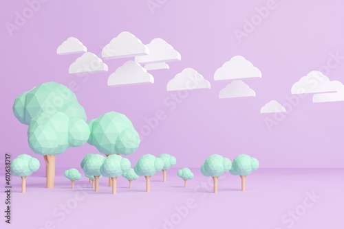 3D render of low poly trees with white clouds in the sky