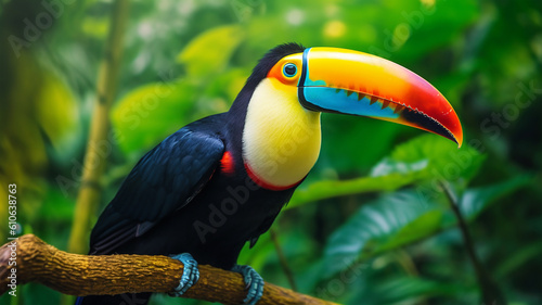 A beautiful exotic toucan bird with a large keeled beak, Ramphastos sulfuratus