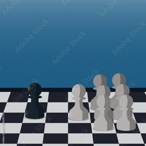 Chess pieces with one black pawn versus many white pawn. minority versus majority concept vector illustration