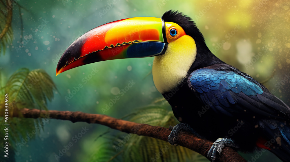 A beautiful exotic toucan bird with a large keeled beak, Ramphastos sulfuratus A beautiful exotic toucan bird with a large keeled beak, Ramphastos sulfuratus