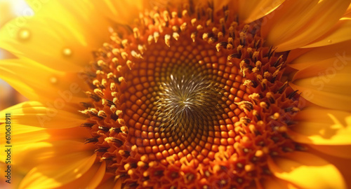 Vibrant and energetic sunflower macro. Big yellow petals with an orange center. Created with Generative AI