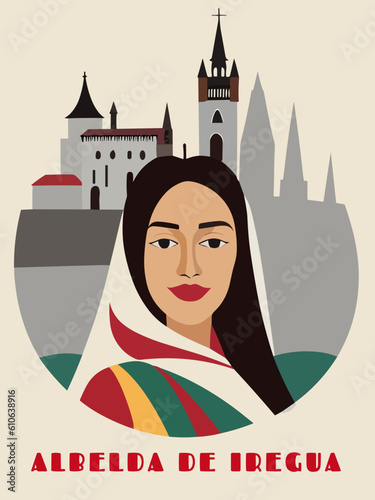 Albelda de Iregua: Beautiful vintage-styled poster with a woman and the name Albelda de Iregua in La Rioja