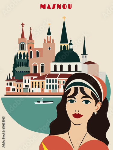 Masnou: Beautiful vintage-styled poster with a woman and the name Masnou in Catalonia photo