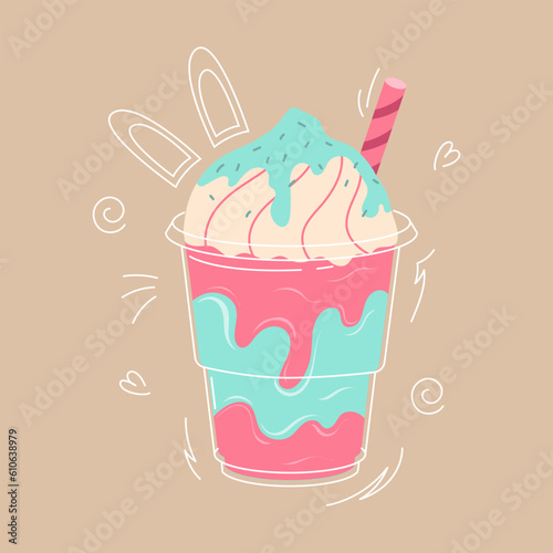 Strawberry bubble milk tea or milk cocktail. A glass of drink with a tubule. Milk tea in a plastic glass with a straw. Cool summer drink with latter and doodle elements. Trendy vector illustration