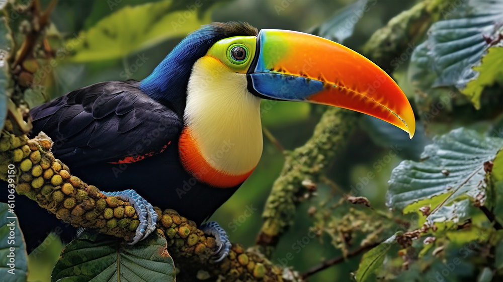 Fototapeta premium A beautiful exotic toucan bird with a large keeled beak, Ramphastos sulfuratus