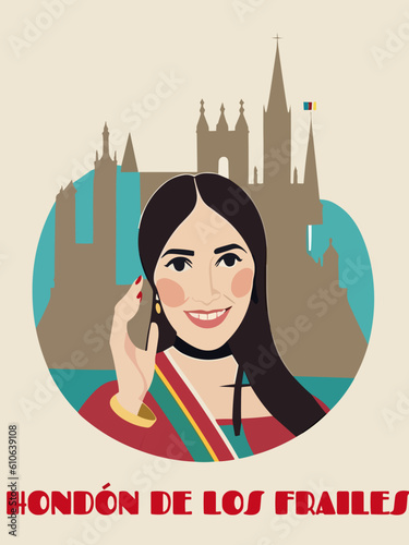 Hondón de los Frailes: Beautiful vintage-styled poster with a woman and the name Hondón de los Frailes in Valencia