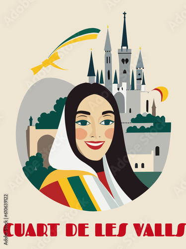 Cuart de les Valls: Beautiful vintage-styled poster with a woman and the name Cuart de les Valls in Valencia