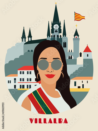 Villalba: Beautiful vintage-styled poster with a woman and the name Villalba in Galicia