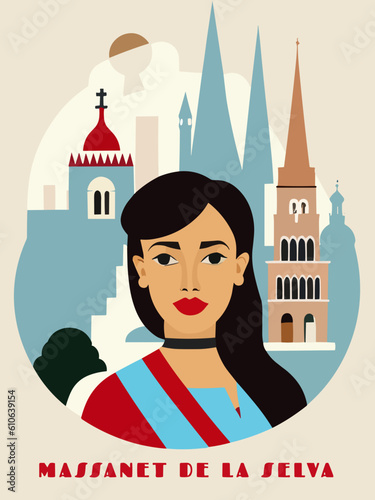 Massanet de la Selva: Beautiful vintage-styled poster with a woman and the name Massanet de la Selva in Catalonia