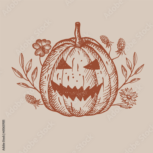 Pumpkin with gases in flowers and plants illustration in old engraving style. All Saints Day, Halloween, autumn holidays. Template for card, poster, print, banner. Hand drawn design element