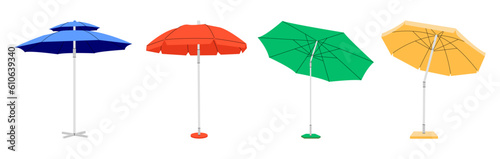 Sun protective outdoor umbrella for beach. Bright set of various beach umbrellas. large parasol for summer vacation or seaside picnic. Vector flat style cartoon illustration  all elements are isolated