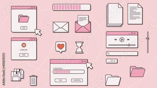 18 Retro UI elements. Old retro PC screen in the y2k style. Retro wave and vaporwave elements. Pink retro vintage computer interface.