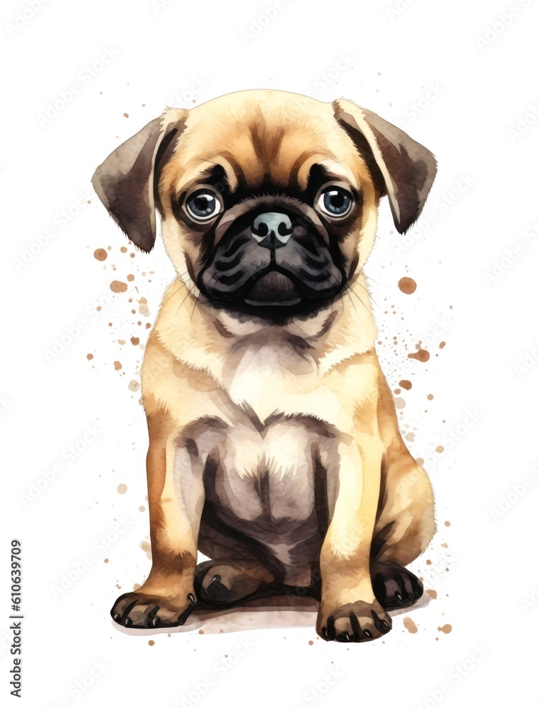 Cute Pug dog on white background, cartoon watercolor illustration. Generative AI.