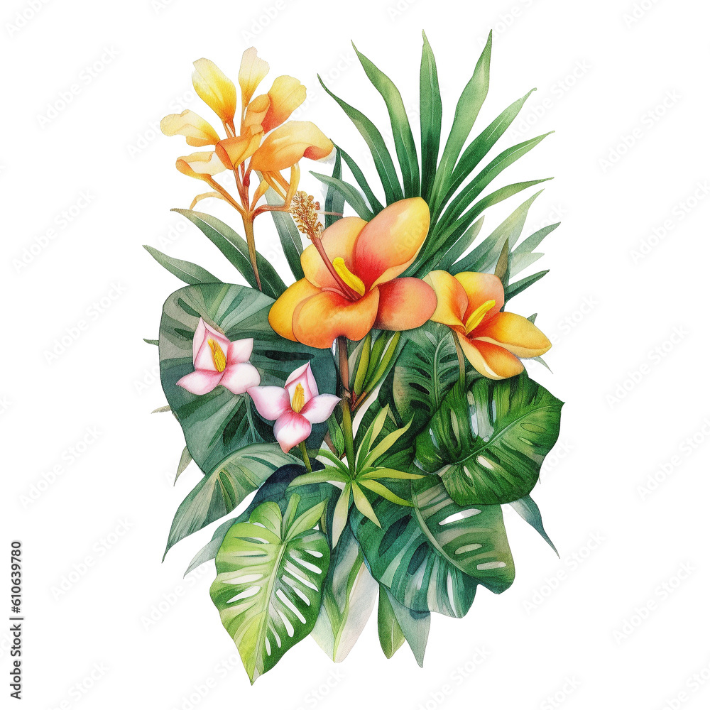 Tropical Watercolor Flowers and Greenery Clipart, ideal for invitations, etc.  Ai generated