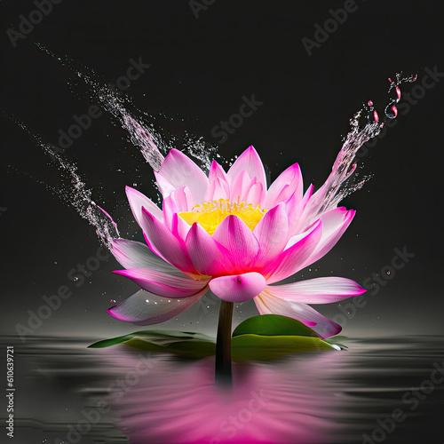 Water splashing with simple pink lotus and bright colors  lush wild meadow flowers design.