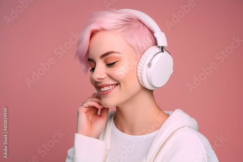 young girl pink hair Listen music with headphones,Generative AI