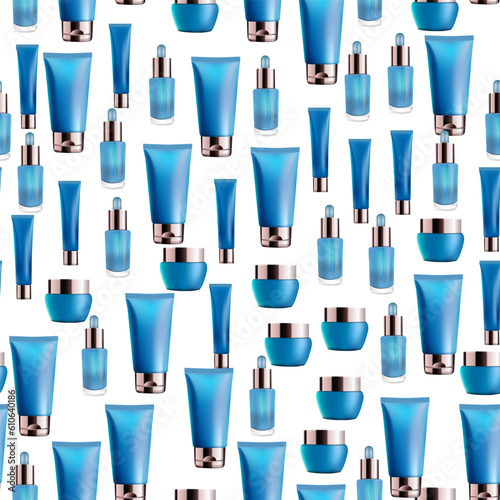 Seamless pattern of cosmetic and beauty products, tube, jar, serum bottle, face gel, cream,  beautician spa background wallpaper, vector ilustration