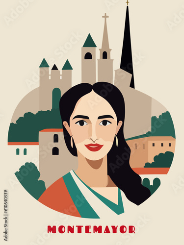 Montemayor: Beautiful vintage-styled poster with a woman and the name Montemayor in Andalusia