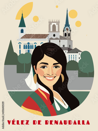 Vélez de Benaudalla: Beautiful vintage-styled poster with a woman and the name Vélez de Benaudalla in Andalusia