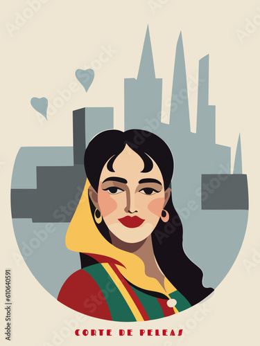 Corte de Peleas: Beautiful vintage-styled poster with a woman and the name Corte de Peleas in Extremadura