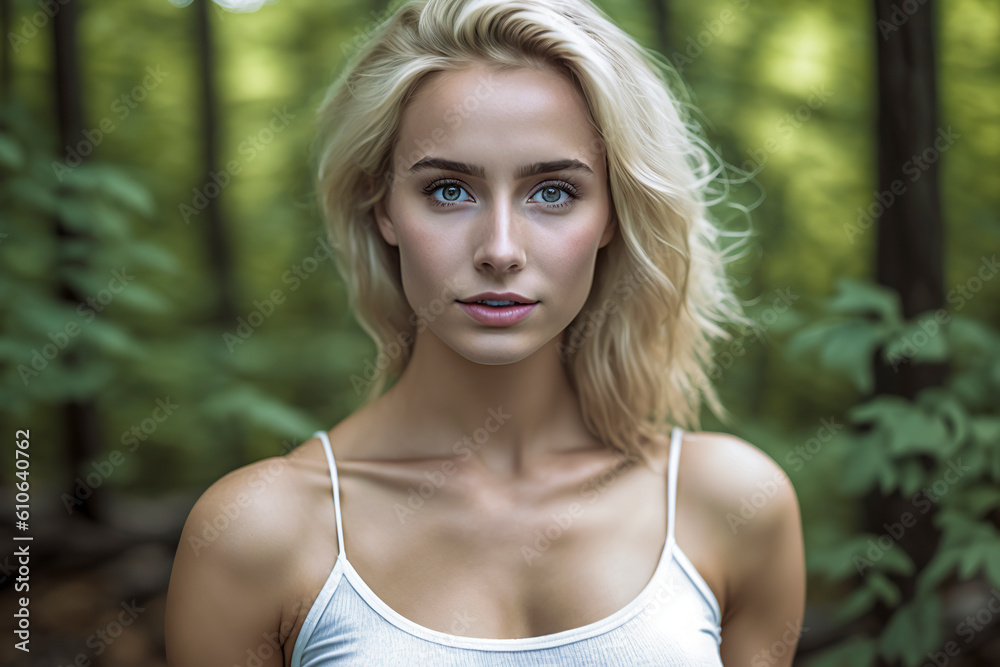 Naklejka premium Enchanting Forest Escapade: A Captivating Young Woman Embracing the Wilderness